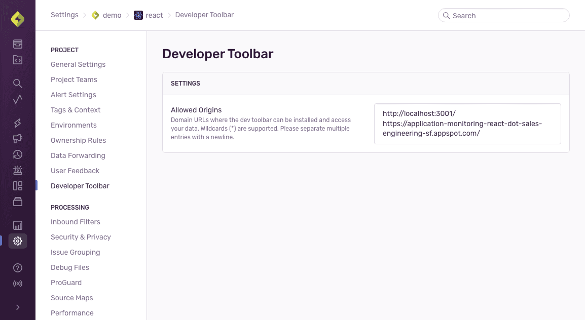 Sentry's Dev Toolbar Settings Page